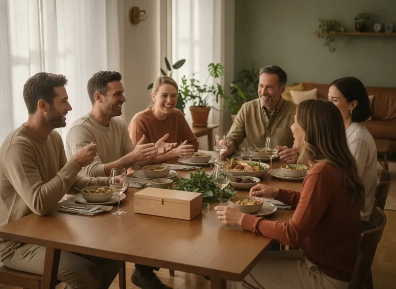 משפחה יושבת סביב שולחן אוכל, משוחחת ומחייכת, ללא טלפונים ניידים על השולחן
