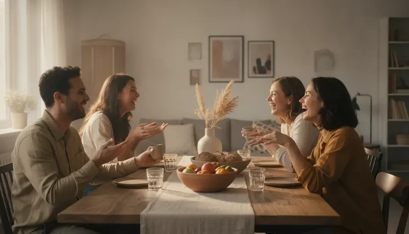 אנשים משוחחים סביב שולחן ללא טלפונים — רגע של חיבור אנושי אמיתי